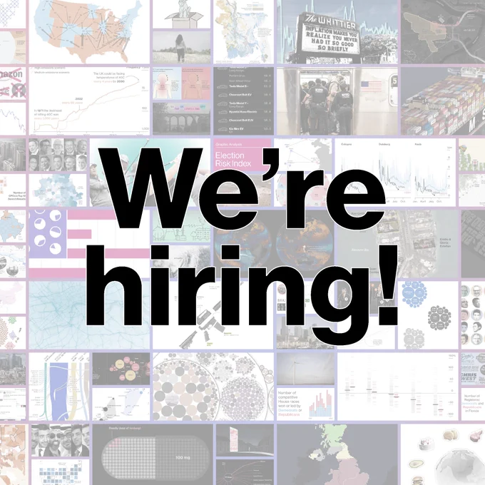A banner with the lettering “We’re hiring!” in BW Haas Head Bold font, centered on a desaturated backdrop made of thumbnails from the 2022 Year in Data and Graphics by the Bloomberg Graphics team.