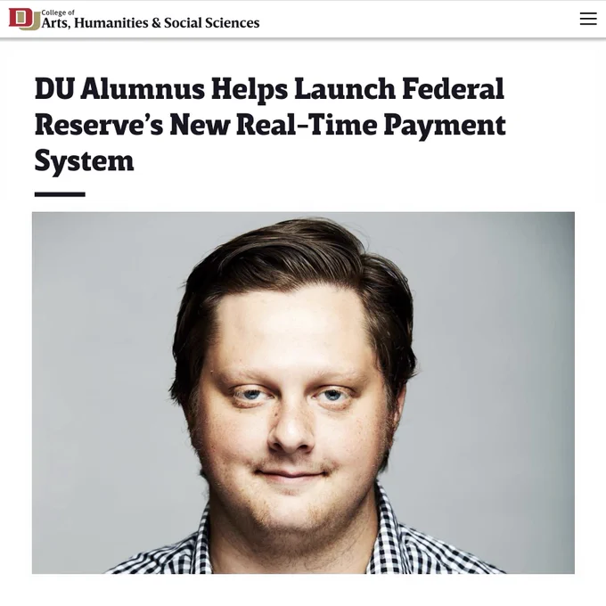 Image shows a news page with the headline "DU Alumnus Helps Launch Federal Reserve's New Real-Time Payment System" and a photo of alumnus Thomas Tarler.