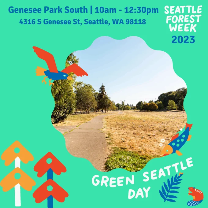 Green graphic with a photo of Genesee Park, with creatures in the seattle forest week colors surrounding the image.