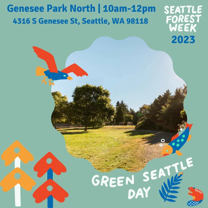 Muted green graphic with image of Genesee Park, surrounding by creatures created for Seattle Forest Week, such as a beaver, bird, and fish.