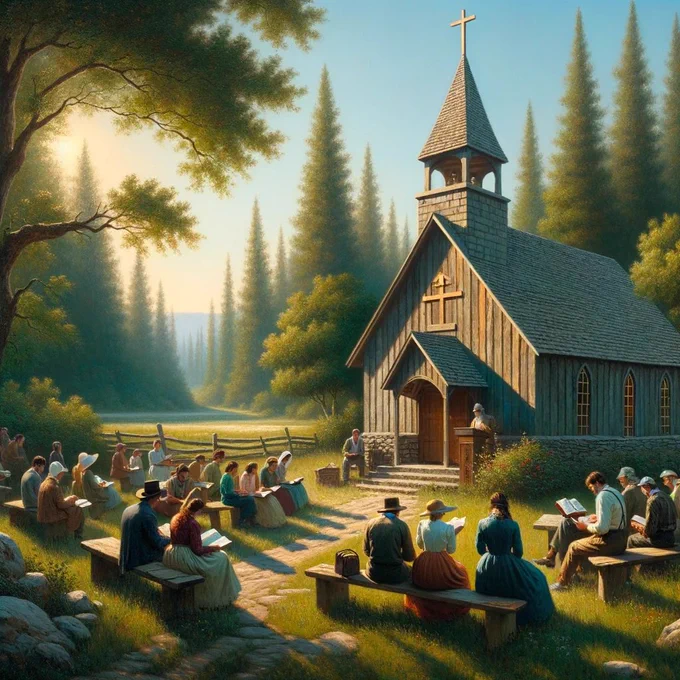Oil Painting: In a tranquil rural landscape, a quaint wooden church with a stone foundation sits surrounded by tall trees and a gentle meadow. The church's modest steeple points towards a brilliant sky, and a hand-carved wooden cross graces the entrance and a group of believers studying the true Word of God, the Holy Bible.