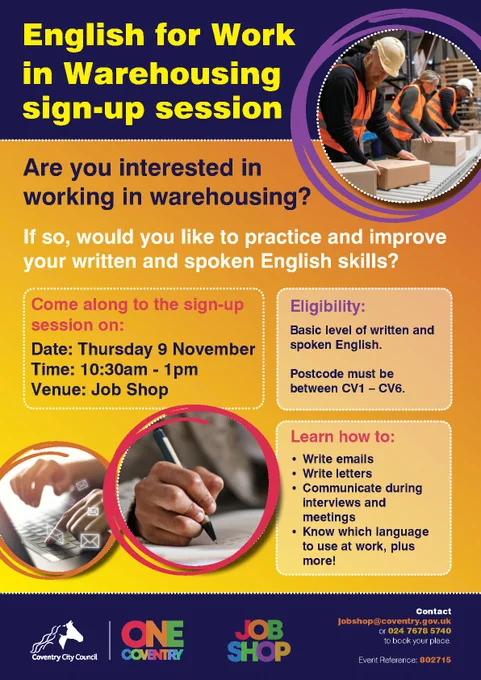 Job Shop: Referral Reference & Title: 802715 English For Work - Warehousing