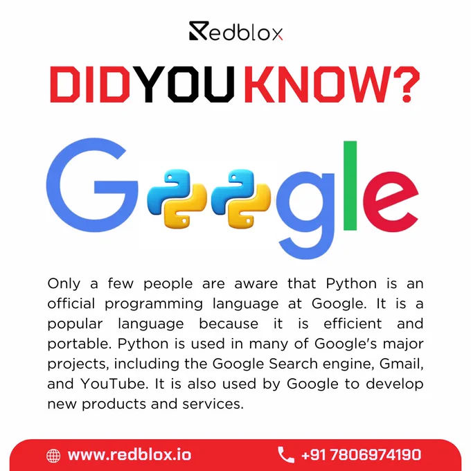 🐍 Despite its widespread popularity, this little nugget of information remains a surprise to many.

Python is used in many of Google's major projects, including the Google Search engine, Gmail, and YouTube. It is also used by Google to develop new products and services.

Follow us for more insights