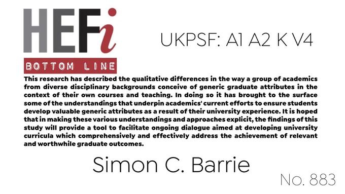 This research has described the qualitative differences in the way a group of academics from diverse disciplinary backgrounds conceive of generic graduate attributes in the context of their own courses and teaching. In doing so it has brought to the surface some of the understandings that underpin academics' current efforts to ensure students develop valuable generic attributes as a result of their university experience. It is hoped that in making these various understandings and approaches explicit, the findings of this study will provide a tool to facilitate ongoing dialogue aimed at developing university curricula which comprehensively and effectively address the achievement of relevant and worthwhile graduate outcomes.