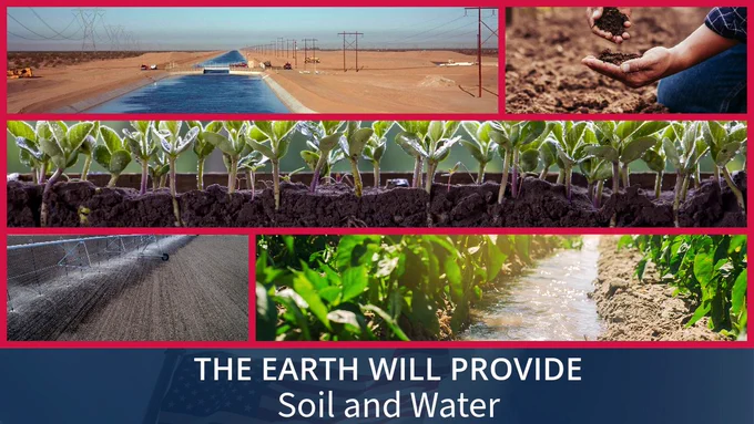 Veteran Grown: The Earth Will Provide - Soil and Water on November 8, 2023 from 10am to 2pm Pacific Time. Images of water management, soil, small plants with roots, irrigation water delivery to crops.