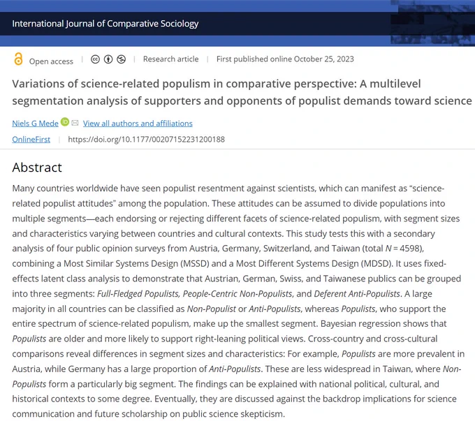 Screenshot of title and abstract of my new paper entitled “Variations of science-related populism in comparative perspective: A multilevel segmentation analysis of supporters and opponents of populist demands toward science”, published in the International Journal of Comparative Sociology.