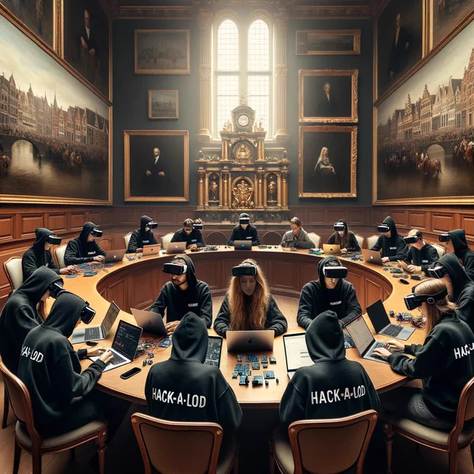used prompt for Dall-E 3: "Image of a grand chamber in The Old Town Hall of Gouda. Several round tables are arranged, each with five individuals. They're all clad in 'Hack-a-LOD' black hoodies and VR glasses. The walls are beautified with paintings of bygone urban views. Among the many, a group of five, including 2 young ladies with long tresses and 3 gentlemen, is notably engrossed intheir Macbooks. Their table is notable for the Arduino PCBs scattered on it."