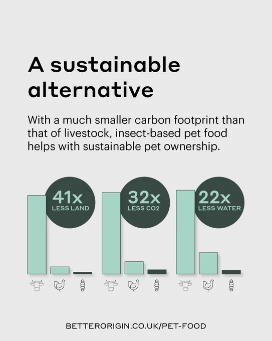 A chart showing insect-based protein to be more sustainable, using 41 times less land, 32 times less CO2, and 22 times less water to produce. 