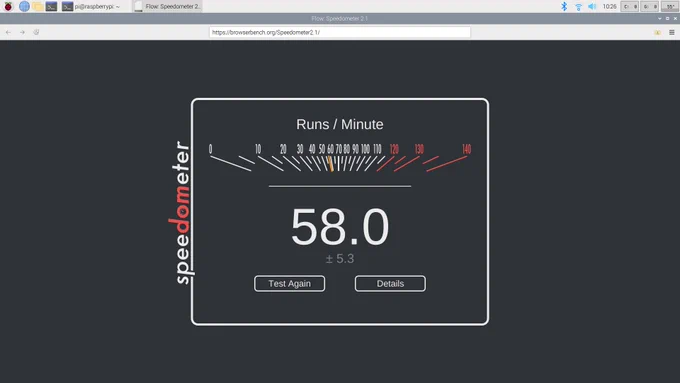 Flow running Speedometer on the Raspberry Pi 5, scoring 58.0.