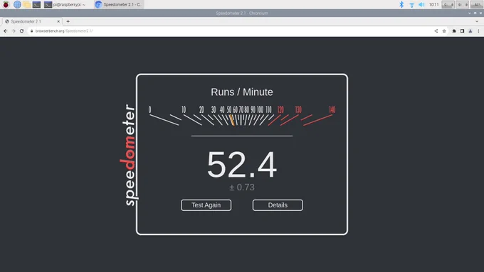 Chromium running Speedometer on the Raspberry Pi 5, scoring 52.4.