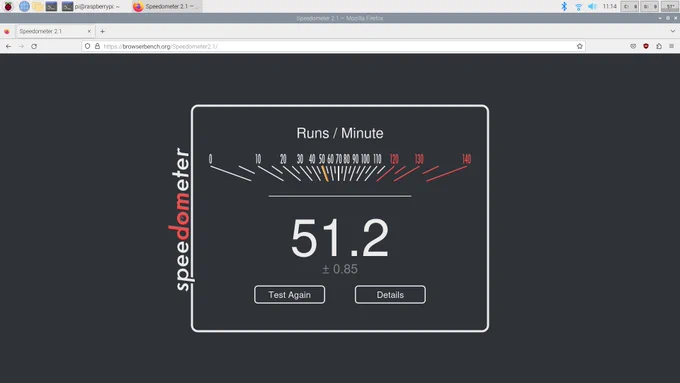 Firefox running Speedometer on the Raspberry Pi 5, scoring 51.2.