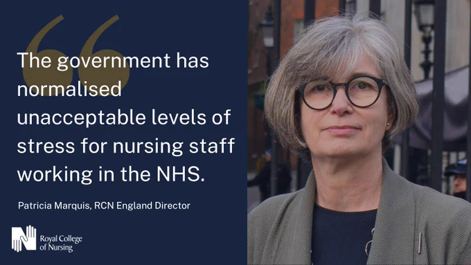 A quote card in navy blue displays a quote from Royal College of Nursing Director for England, Patricia Marquis. The quote reads: The government has normalised unacceptable levels of staffing for the NHS.