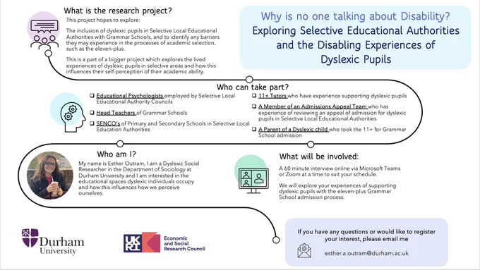Why is no one talking about disability? Exploring selective educational authorities and the disabling experiences of dyslexic pupils. 

What is the project? This project hopes to explore the inclusion of dyslexic pupils in selective LEAs with grammar schools and to identify any barriers they may experience. 

Who can take part? 
Educational psychologists employed by selective LEA councils, head teachers of grammar schools, sencos of primary and secondary schools in selective LEAs, 11  tutors, members of the admissions appeal team, a parent of a dyslexic child. 

What will be involved: a 60 minute interview online at a time to suit you to explore your experiences of supporting dyslexic pupils with the 11   

Please email me if interested or have questions: esther.a.outram@durham.ac.uk