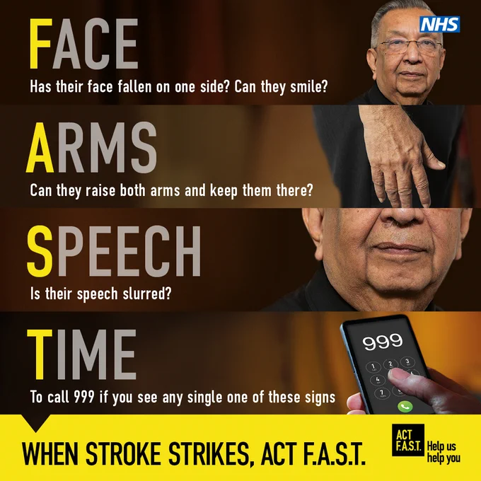 A series of images showing the symptoms of stroke.

Face: Has their face fallen on one side? Can they smile?

Arms: Can they raise both arms and keep them there?

Speech: Is their speech slurred?

Time: To call 999 if you see any single one of these signs.

When stroke strikes, act F.A.S.T.

The NHS logo is in the top right hand corner.