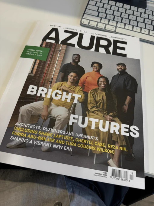 Cover story of azure magazine nov-dec 2023 issue, featuring a group portrait of Shane Laptiste, Cheryll case, Reza Nik, Farida Abu-Bakare and Tura Cousins Wilson