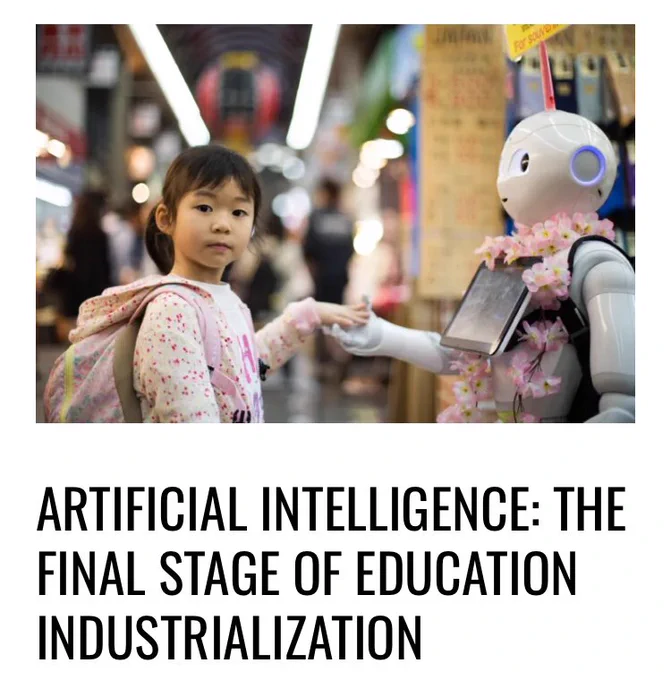 Photo of boy touching robot and headline text reading Artificial Intelligence: The Final Stage of Education Industrialization.