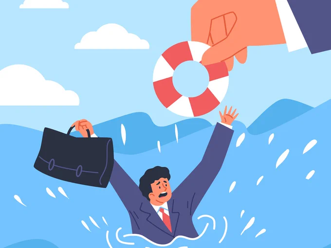 Illustration of someone with a briefcase in need of some help while in the sea.
