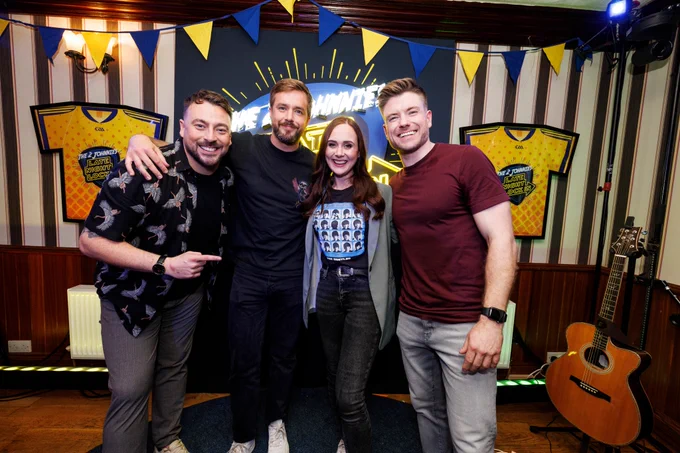 Picture of Johnny Smacks, Iain Stirling, Justine Stafford and Johnny B on the set of The 2 Johnnies Late Night Lock In