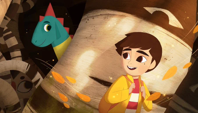 A dragon and young boy turn to look at each other. 