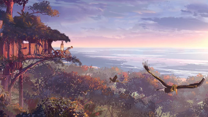 We look over a lush rainforest, toucans fly overhead. To the left two people stand in a tree house. 