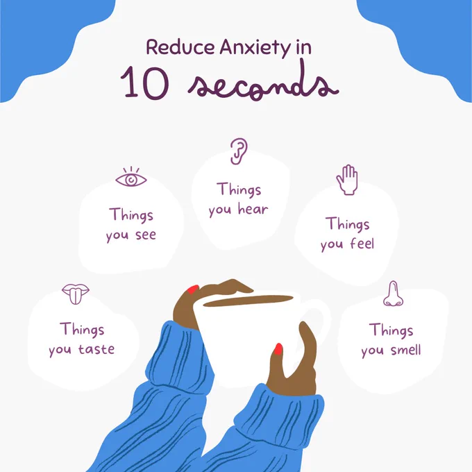 Release anxiety in 10 seconds

Things you can: taste, smell, hear, feel, see

Two hands holding a cup of tea
