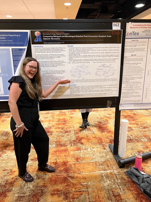 Christine with her poster Comparing bilingual and monolingual baseline post-concussion symptom scale network structure