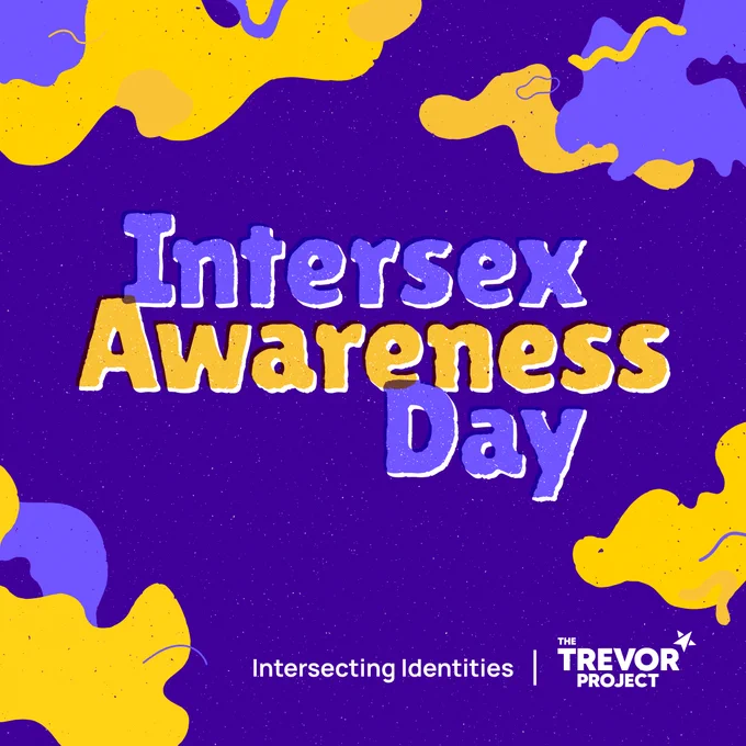 A graphic with a dark purple background and yellow and purple shapes. In the center, it reads "Intersex Awareness Day" in purple, yellow, and white. At the bottom, it reads "Intersecting Identities" and features The Trevor Project logo in white. 