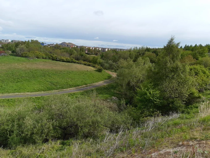 An active travel route along the ELGT Pentlands to Portobello greening project in Edinburgh. Image shows trees, parkland and a path with Edinburgh skyline and Arthur's Seat in the background. Image credit: Edinburgh & Lothians Greenspace Trust.