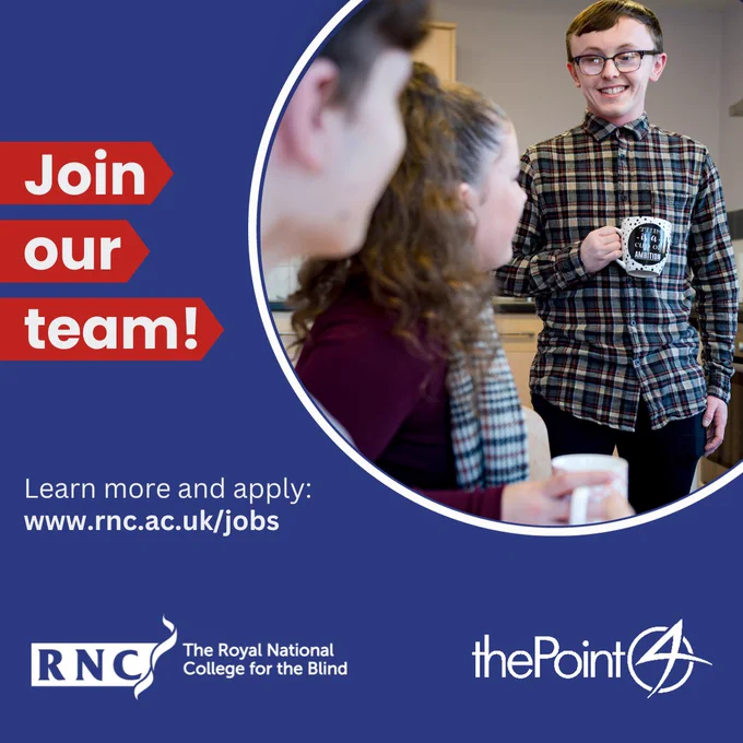 A graphic with text: Join our team! Learn more and apply: www.rnc.ac.uk/jobs it includes the RNC and thePoint4 logos and a picture of a smiling male student holding a hot drink, talking to friends