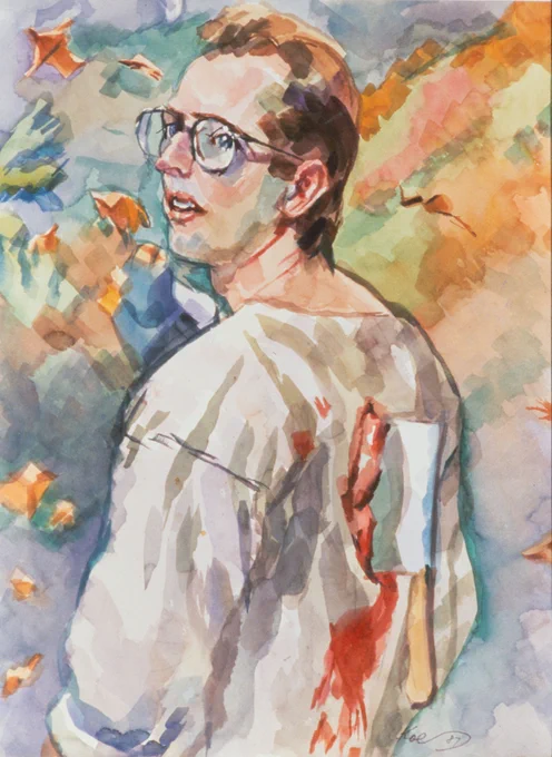  A painting of a person wearing glasses. The person has their back turned and they are turning their head to the left.