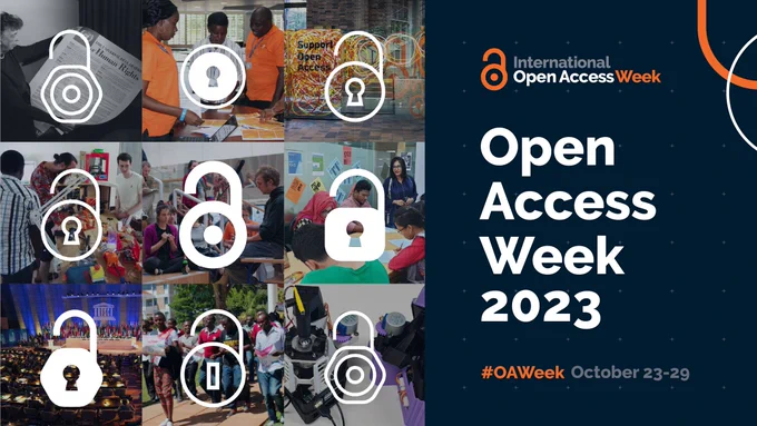 The words “Open Access Week 2023” are at the bottom of the image. Three photos of people are above the words with unlocked locks over the images.