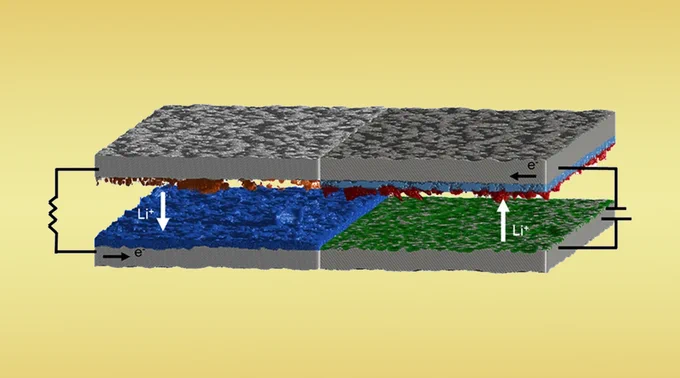 A 3D tomographic reconstruction of lithium-related battery components, captured during discharging (left half) and charging (right half). The image has been semantically segmented to highlight features such as dendrites (red), pits (green), and deposited/redeposited lithium (light/dark blue).
