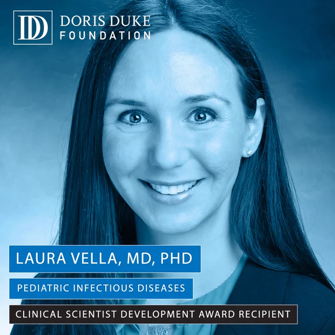 Laura Vella, MD, PHD, (headshot with a blue wash). Pediatric Infectious Diseases. Clinical Scientist Development Award Recipient.