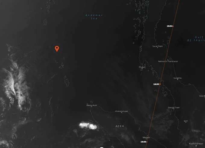 NASA Worldview link:  https://go.nasa.gov/3s4nmf5

There are claims that the actual cloud coverage at the time matches a purported video of teleportation or alien abduction of MH370. One perspective shows cumulus clouds on either side of the plane, supposedly lit and backlit by the flash of the zap. The other drone vid shows only distant low cumulus clouds with none near the plane. They are more likely actual footage of two different planes, with the orbs and zap superimposed.

Another concern is that the Grey Eagle AUV can only transmit video by a line of sight microwave link, and it needs a ground data terminal at its airbase and within about 80km of where it's operating. It also needs a 1500 ft runway and cannot be launched from a carrier or dropped. The airbase would have a platoon and equipment to support the AUVs. The only airbase within range is Car Nicobar, which has no such facilities. It also adds the Indian military to the conspiracy, plus all the people on the island.
