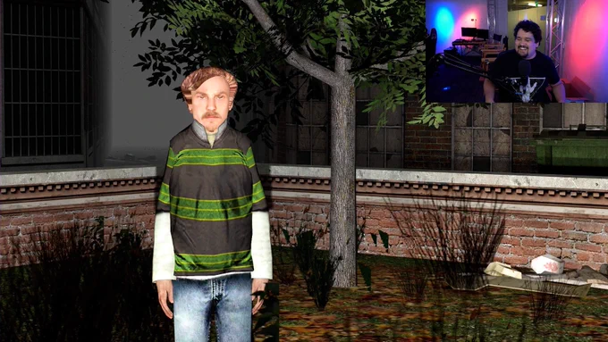 An avatar of Patrick is staring deeply into your eyes. A tree and some trash are in the background.  A Picture in Picture displays Jacob, smiling uncomfortably and a bit awkwardly as if just hearing a naughty word whispered in his ear by someone just out of frame. A dumpster is also present.