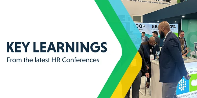 Text reads "Key Learnings. From the latest HR conferences" with person standing at Veritone booth.