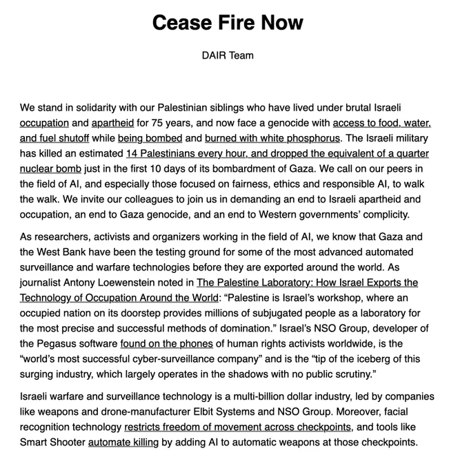 First half of the DAIR statement listed on https://www.dair-institute.org/blog/palestine-10-25-23/. The text is in the twitter thread.