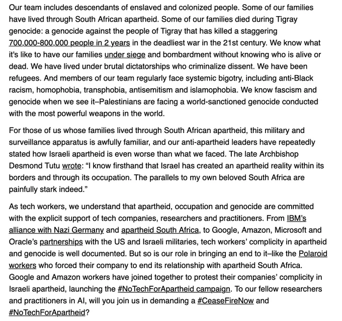 Second half of the DAIR statement listed on https://www.dair-institute.org/blog/palestine-10-25-23/. The text is in the twitter thread.