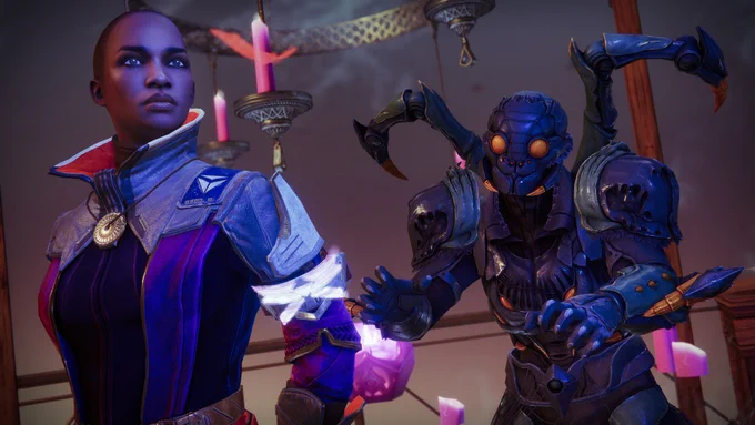 A Guardian wearing Spider-themed armor sneaks up on Ikora Rey in the Tower.