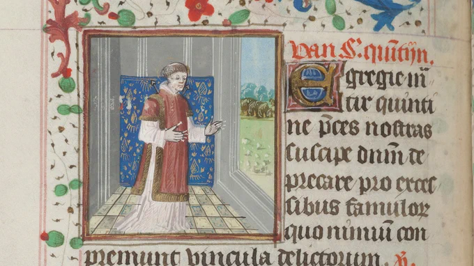 Illumination of a monk taken from manuscript with reference IE TCD MS 103 folio 74 verso.