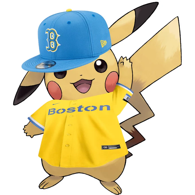 Pikachu wearing Boston Red Sox hat and jersey.