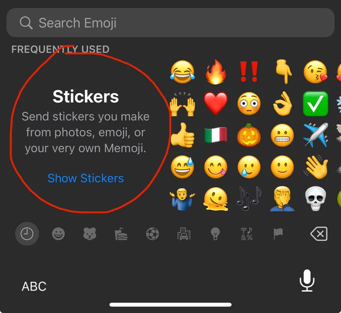 A stickers area in the iOS emoji keyboard.