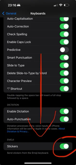 An arrow overlaid on the Settings app, pointing to a Stickers toggle.
