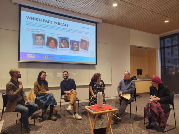 Sitting in a semi-circle, panelists discuss media literacy. From left to right: Di Zhang, Sarah Nguyen, Mert Can Bayar, Christie Fierro, Michael Danielson, Maliha Masood