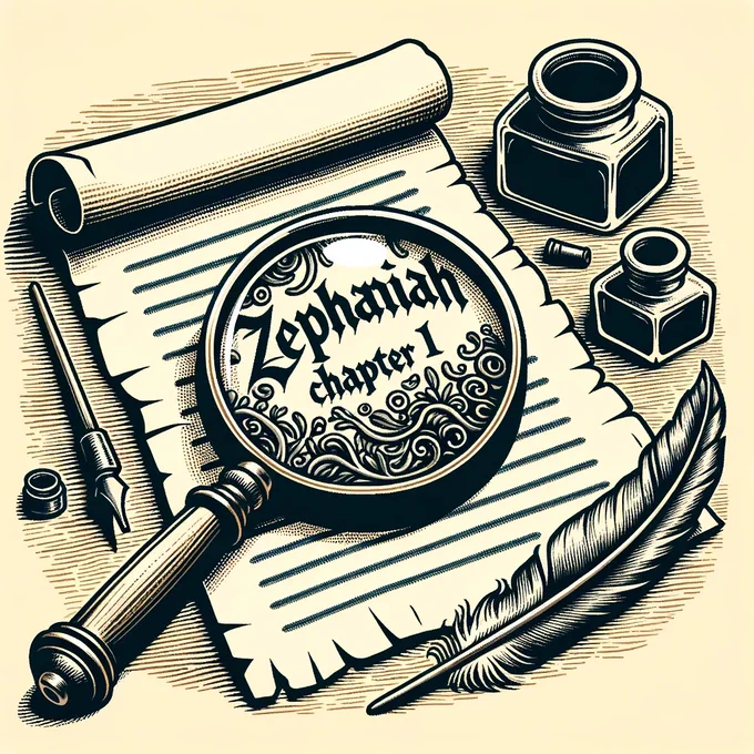 Vector art of a magnifying glass zooming into the text 'Zephaniah Chapter 1' on a parchment paper, surrounded by inkwell and quill.