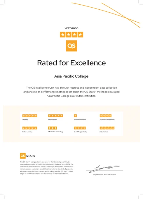 𝗔𝘀𝗶𝗮 𝗣𝗮𝗰𝗶𝗳𝗶𝗰 𝗖𝗼𝗹𝗹𝗲𝗴𝗲 𝗶𝘀 𝗿𝗮𝘁𝗲𝗱 𝟰 𝗦𝘁𝗮𝗿𝘀! 

We are thrilled to announce that Asia Pacific College has been rated as a 4-star institution (VERY GOOD). The QS Stars rating reflects APC's commitment to academic excellence and the core values of innovation, industry, and integrity to meet rigorous standards and dedication to providing high-quality education. 

We thank the students, faculty, and staff for their hard work and support in achieving this milestone. 🤩

⭐️⭐️⭐️⭐️
