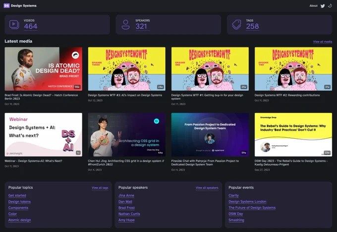 Screenshot of the homepage on designsystems.media - showing thumbnails from videos and links to topics and speakers