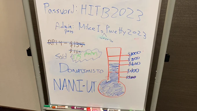 A picture with a thermometer showing donations for NAMIUT during a conference event.