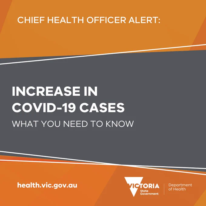 An orange graphic. Text: Chief Health Officer Alert. Increase in COVID-19 cases. What you need to know.