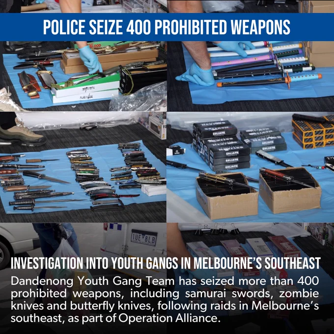In a major operation targeting youth gangs in Melbourne's southeast, Victoria Police seized 402 prohibited weapons, illegal cigarettes, vapes, and more. This demonstrates our commitment to community safety. If you have information, contact Crime Stoppers at 1800 333 000 or report online.

Learn more about our current #knifecrime campaign: https://bit.ly/CutTheViolence